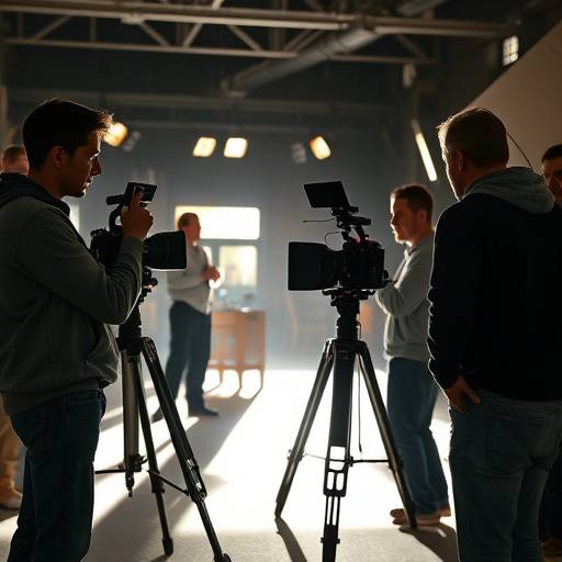 Imagem de uma filmagem de cinema com câmeras e atores em aäão, representando o curso de Atuaäão para Cinema e TV
